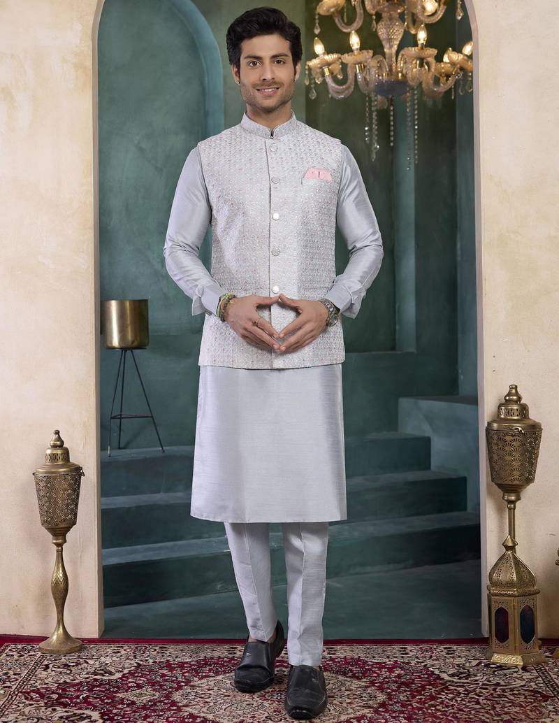 Grey art silk 3 piece kurta jacket set for men
