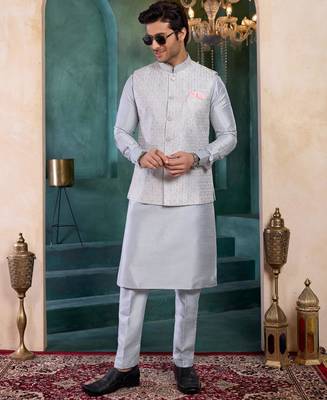 grey art silk 3 piece kurta nehru jacket set for men 2