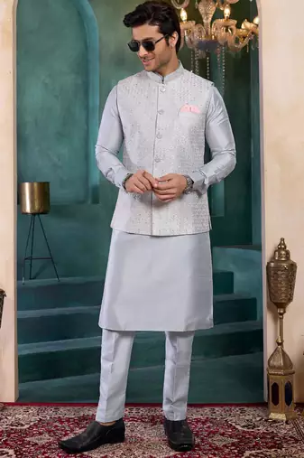 grey art silk 3 piece kurta nehru jacket set for men