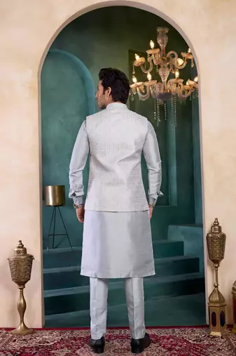 grey art silk 3 piece kurta nehru jacket set for men