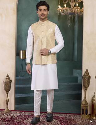 beige art silk 3 piece kurta nehru jacket set for men 1