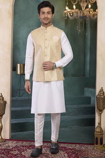 beige art silk 3 piece kurta nehru jacket set for men