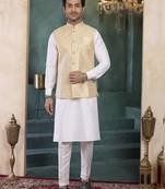 beige art silk 3 piece kurta nehru jacket set for men