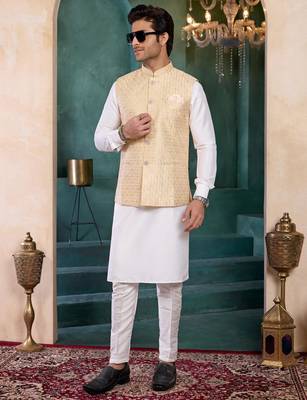 beige art silk 3 piece kurta nehru jacket set for men 2
