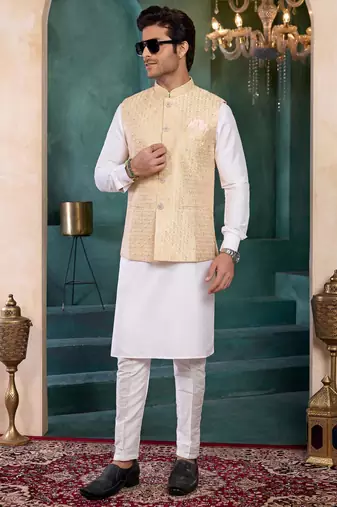 beige art silk 3 piece kurta nehru jacket set for men