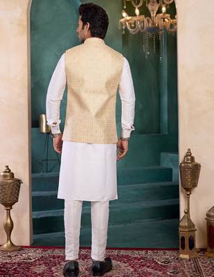 beige art silk 3 piece kurta nehru jacket set for men 3
