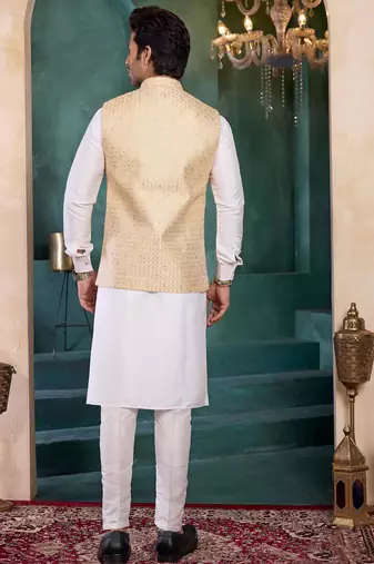 beige art silk 3 piece kurta nehru jacket set for men