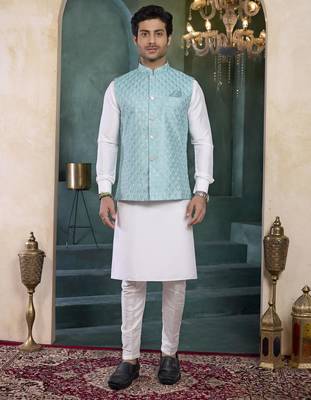 blue art silk 3 piece kurta nehru jacket set for men 1