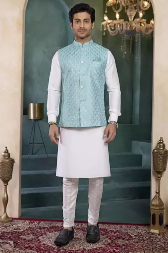 blue art silk 3 piece kurta nehru jacket set for men