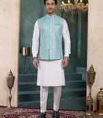 Blue art silk 3 piece kurta jacket set for men