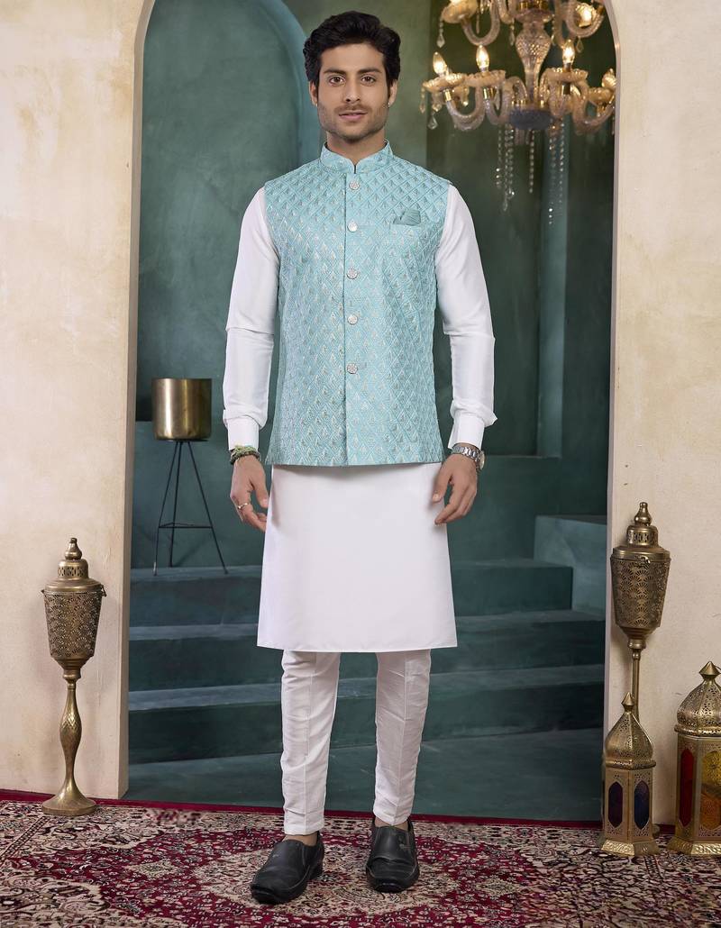 Blue art silk 3 piece kurta jacket set for men