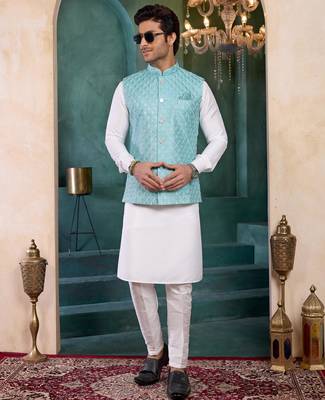blue art silk 3 piece kurta nehru jacket set for men 2