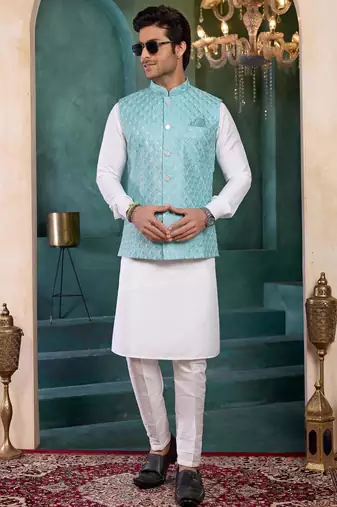 blue art silk 3 piece kurta nehru jacket set for men