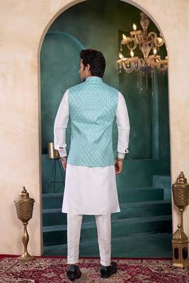 blue art silk 3 piece kurta nehru jacket set for men 3