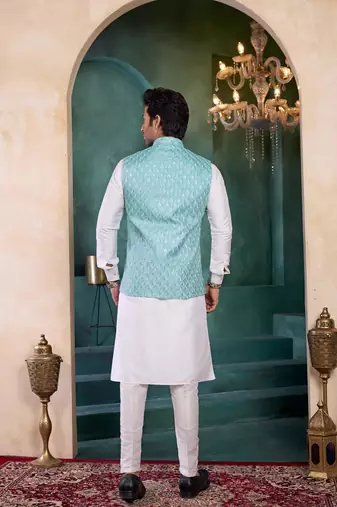 blue art silk 3 piece kurta nehru jacket set for men