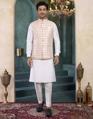 pink jacqaurd 3 piece kurta nehru jacket set for men 1