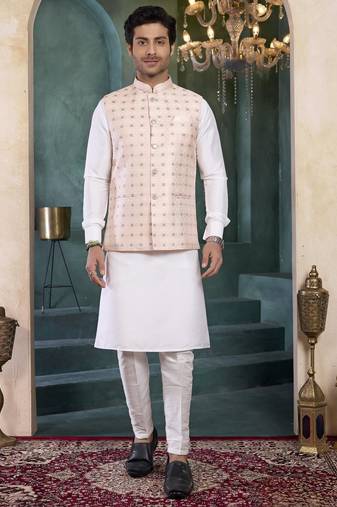 pink jacqaurd 3 piece kurta nehru jacket set for men