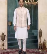 Pink jacqaurd 3 piece kurta jacket set for men