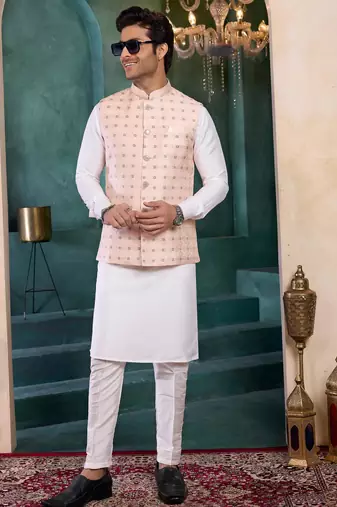 pink jacqaurd 3 piece kurta nehru jacket set for men