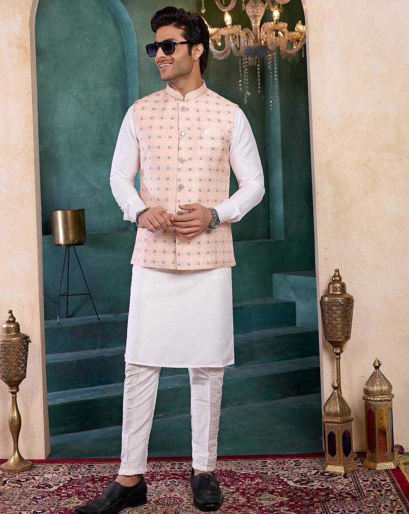 Pink jacqaurd 3 piece kurta jacket set for men