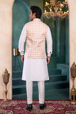 pink jacqaurd 3 piece kurta nehru jacket set for men 3