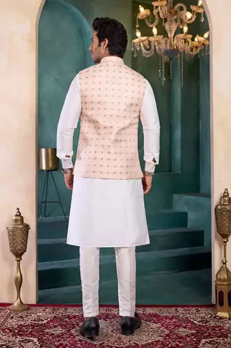 pink jacqaurd 3 piece kurta nehru jacket set for men