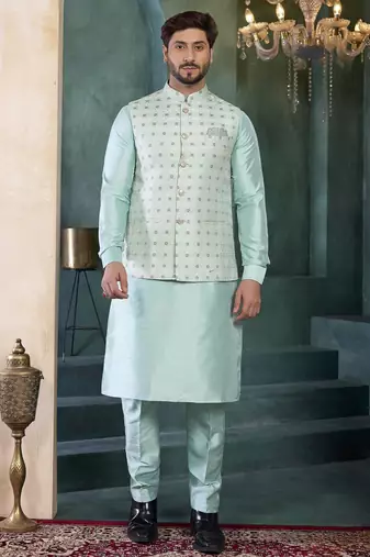 green jacqaurd 3 piece kurta nehru jacket set for men