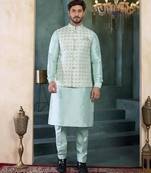 green jacqaurd 3 piece kurta jacket set for men