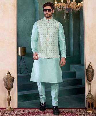 green jacqaurd 3 piece kurta nehru jacket set for men 2