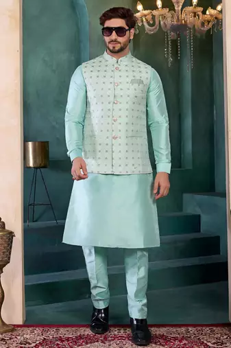 green jacqaurd 3 piece kurta nehru jacket set for men