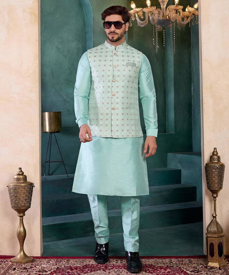 green jacqaurd 3 piece kurta jacket set for men
