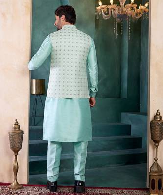 green jacqaurd 3 piece kurta nehru jacket set for men 3