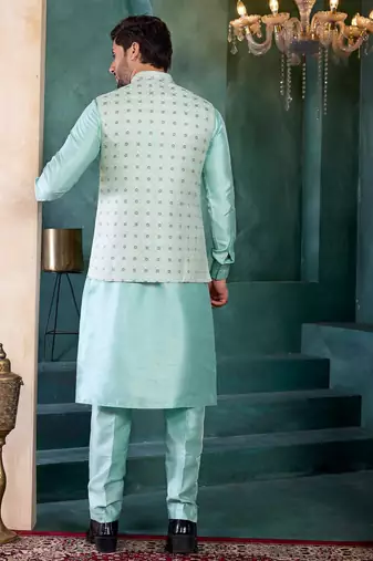 green jacqaurd 3 piece kurta nehru jacket set for men