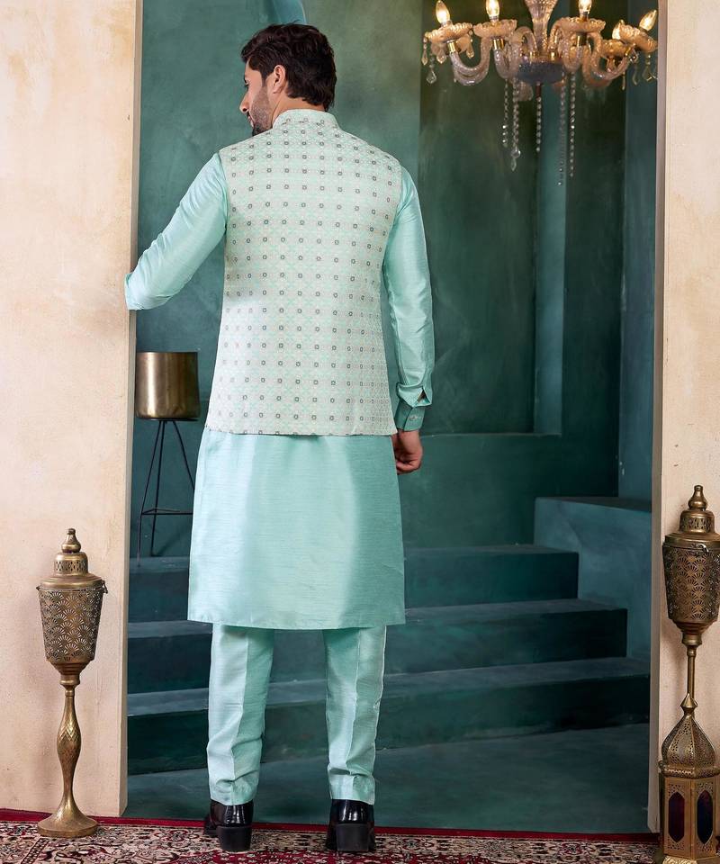 green jacqaurd 3 piece kurta jacket set for men