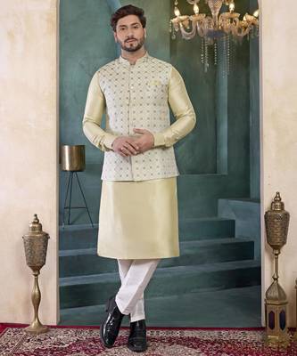 pista green jacqaurd 3 piece kurta nehru jacket set for men 1