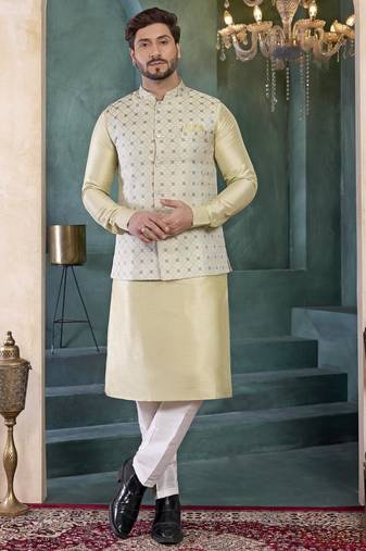 pista green jacqaurd 3 piece kurta nehru jacket set for men