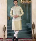 Pista green jacqaurd 3 piece kurta jacket set for men