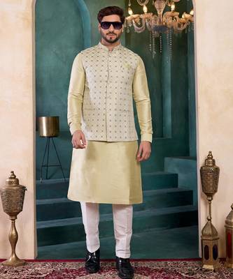 pista green jacqaurd 3 piece kurta nehru jacket set for men 2
