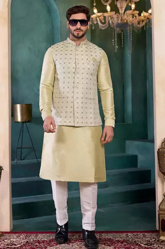 pista green jacqaurd 3 piece kurta nehru jacket set for men