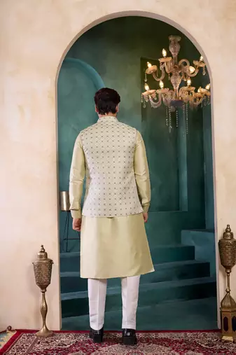 pista green jacqaurd 3 piece kurta nehru jacket set for men