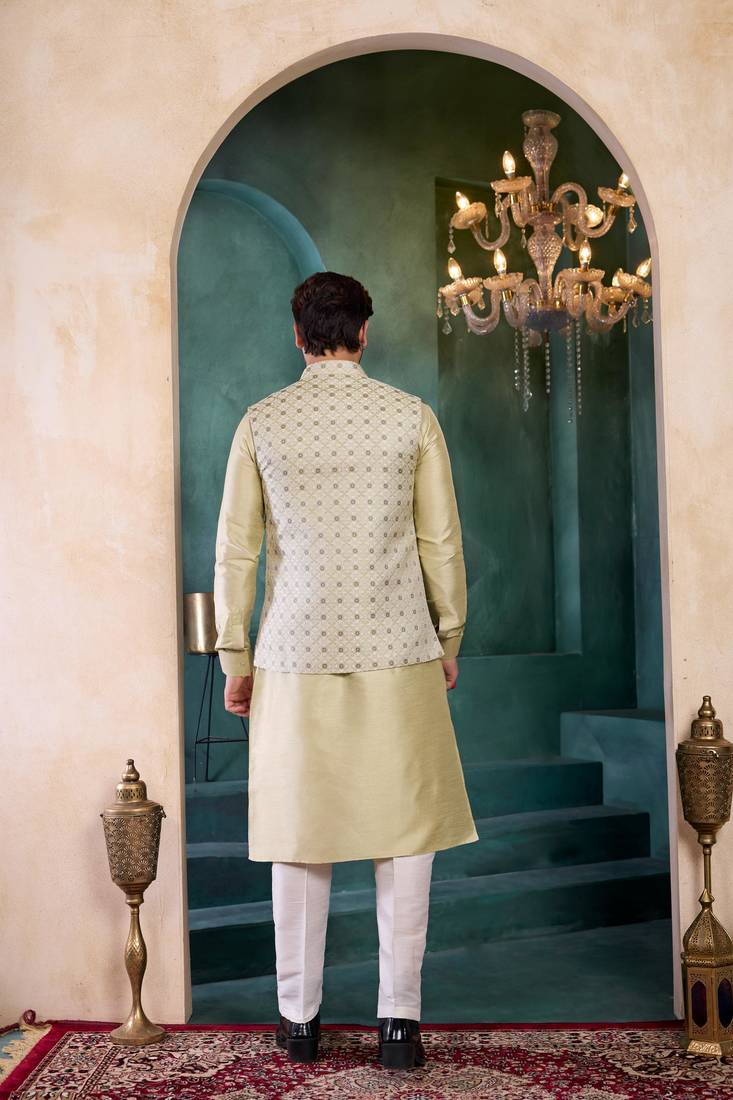 Pista green jacqaurd 3 piece kurta jacket set for men