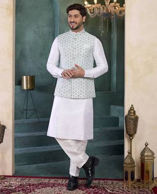 blue jacqaurd 3 piece kurta nehru jacket set for men 1