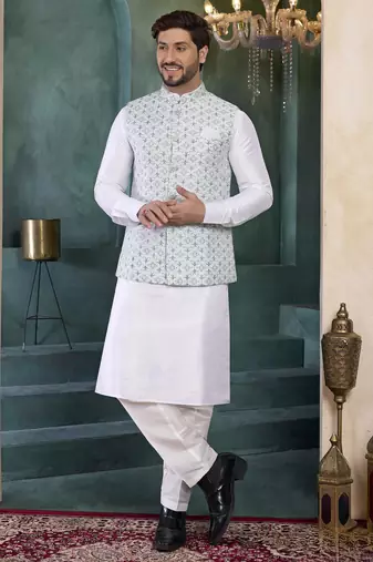 blue jacqaurd 3 piece kurta nehru jacket set for men