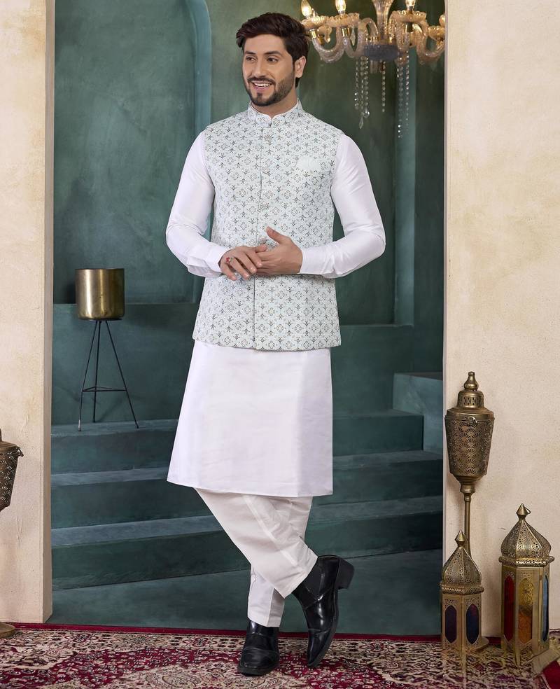 Blue jacqaurd 3 piece kurta jacket set for men