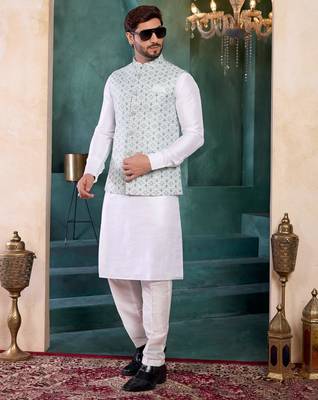 blue jacqaurd 3 piece kurta nehru jacket set for men 2