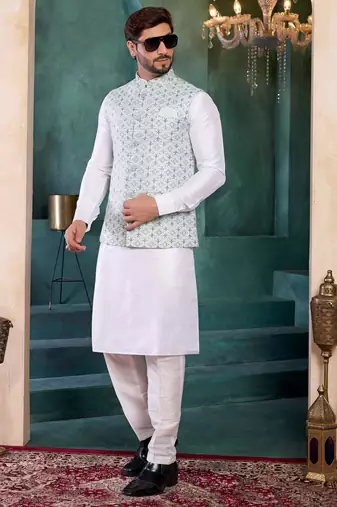 blue jacqaurd 3 piece kurta nehru jacket set for men