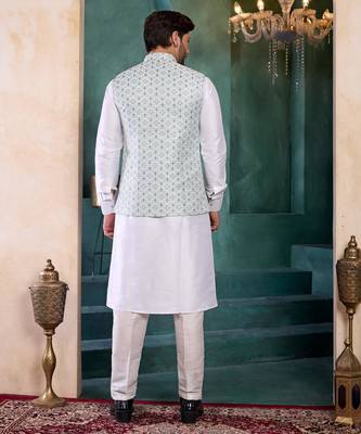 blue jacqaurd 3 piece kurta nehru jacket set for men 3