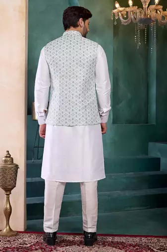 blue jacqaurd 3 piece kurta nehru jacket set for men