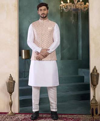 peach jacqaurd 3 piece kurta nehru jacket set for men 1