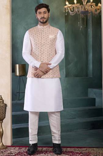 peach jacqaurd 3 piece kurta nehru jacket set for men